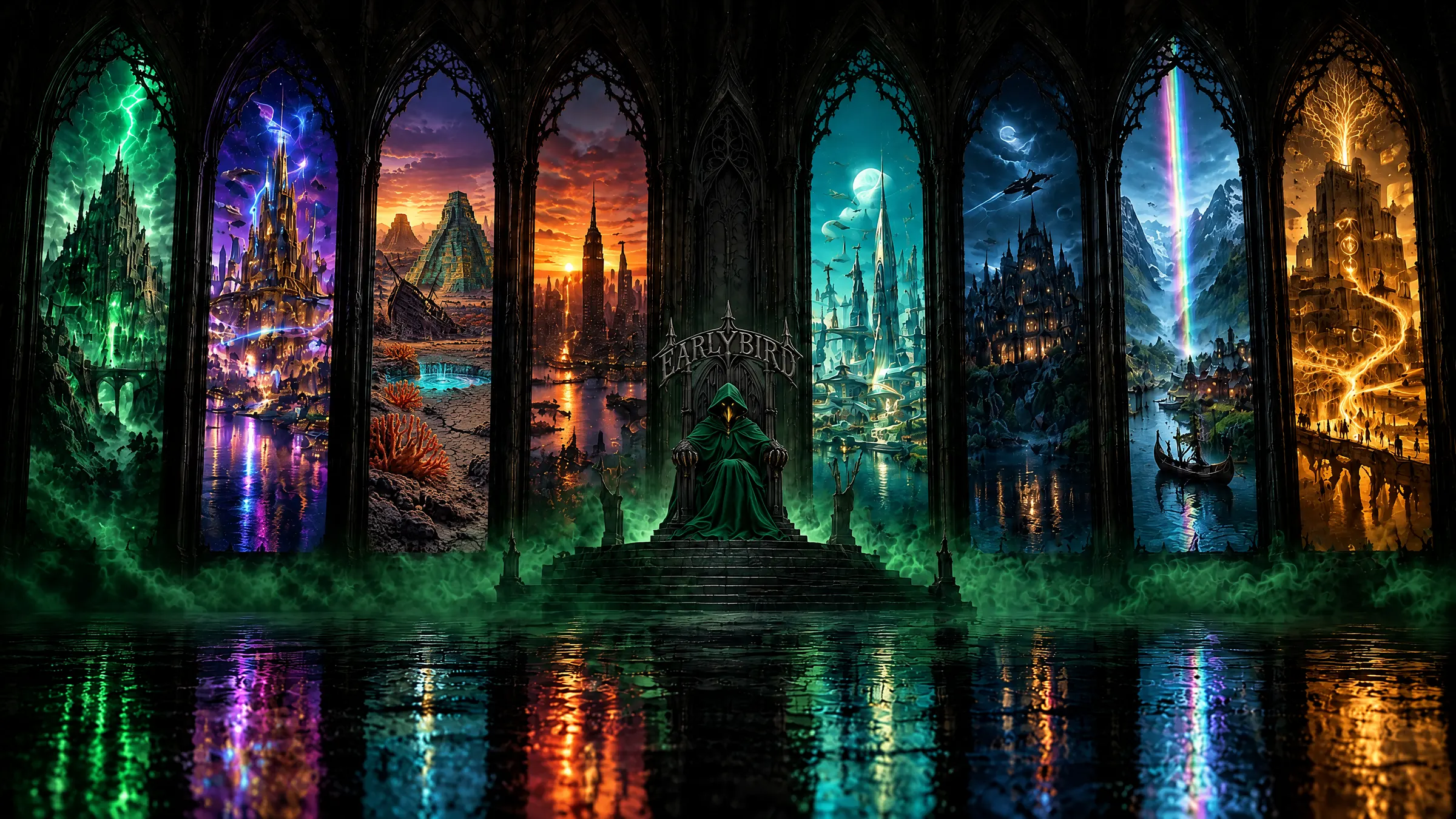The hooded Earlybird on its throne between eight windows, each opening onto a different world