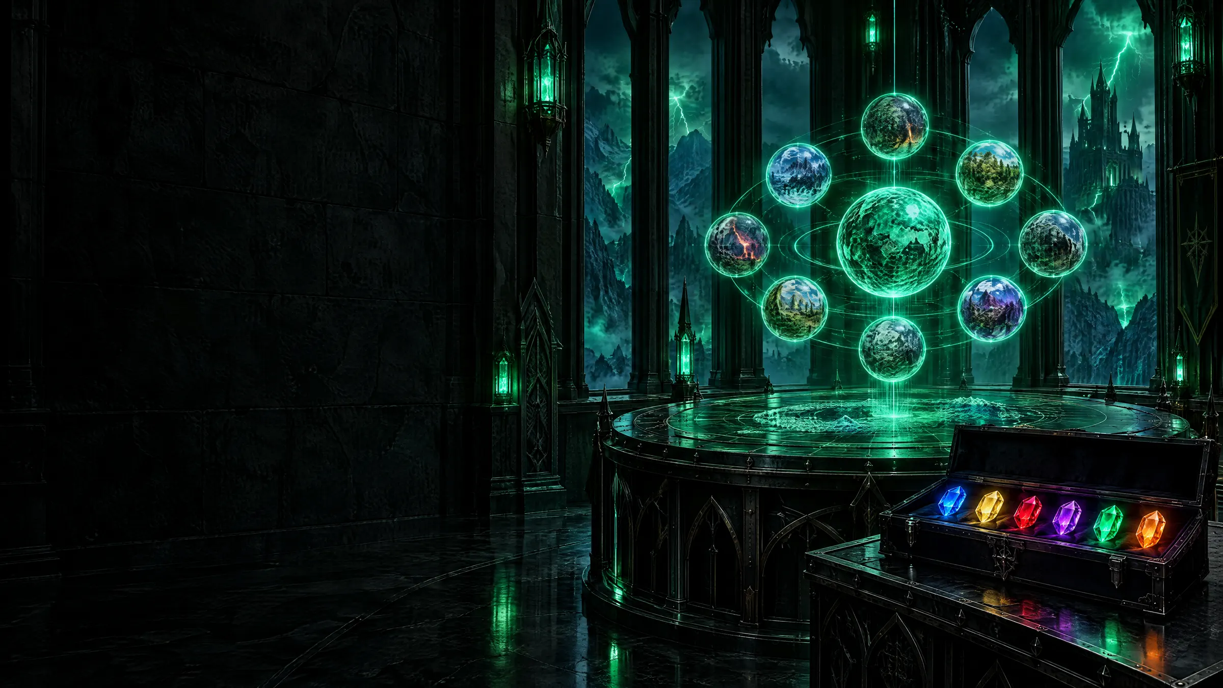 An iron war room in a castle: eight worlds float over a map table, and in an open iron case beside it sit six glowing stones